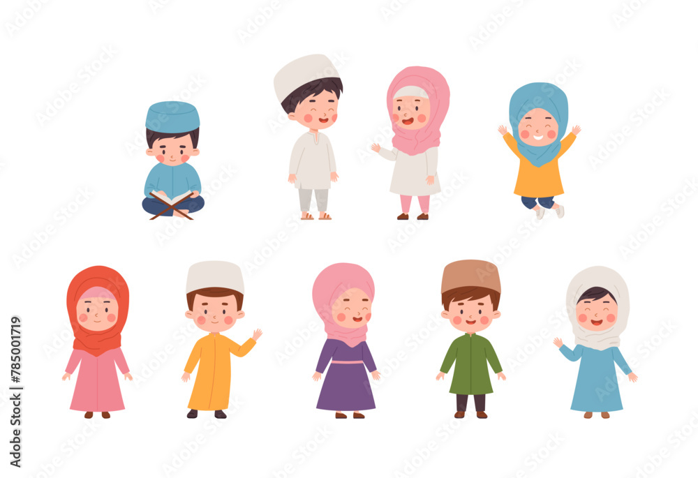 Muslim children, set of cartoon vector illustrations isolated on white Muslim children, set of cartoon vector illustrations isolated on white