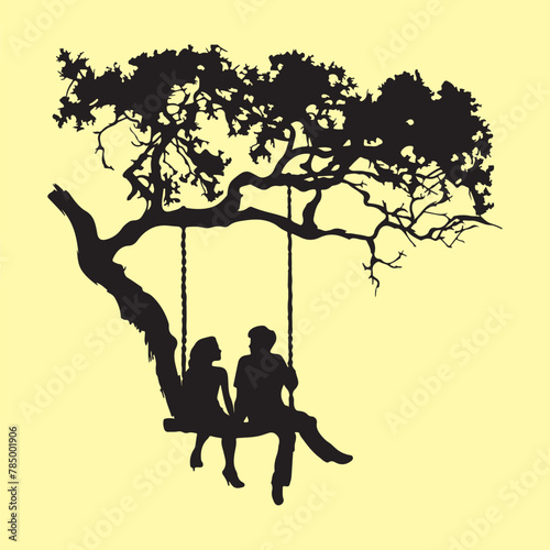 Illustration silhouette of a couple sitting on a swing, couple on swing