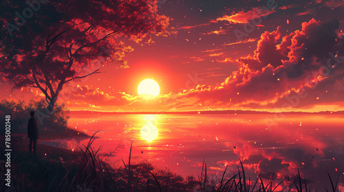 Vibrant sunset mirrored in lake, person stand under tree. Boy watching sunset, anime wallpapers