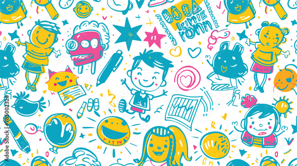 Colorful funny children doodle icon seamless pattern.