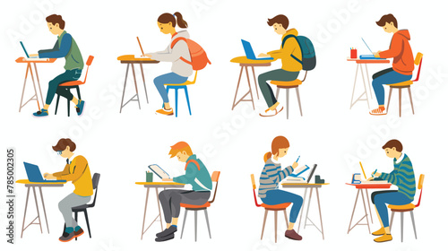 Student desk colorful flat icon set. Classroom student 