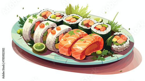 A plate of sushi rolls with a variety of fish and veg