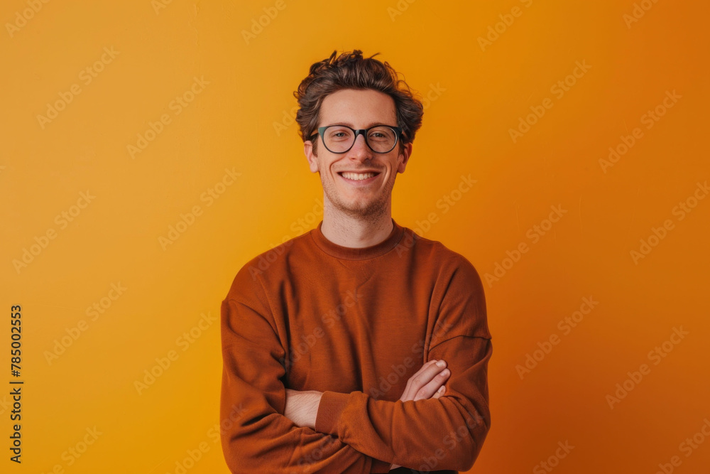 Portrait of a handsome young man in a glasses with a crossed arms in a studio plain background. AI generated Portrait of a handsome young man in a glasses with a crossed arms in a studio plain background. AI generated