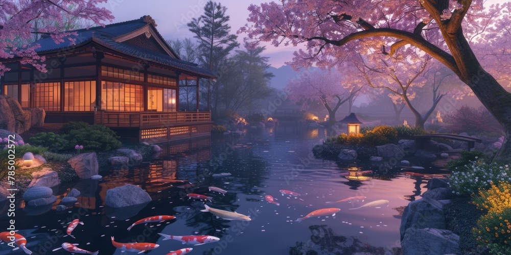 The warm sunset glow reflects on the tranquil waters of a koi pond by a traditional Japanese pavilion, surrounded by the soft pink hues of cherry blossoms. Resplendent.
