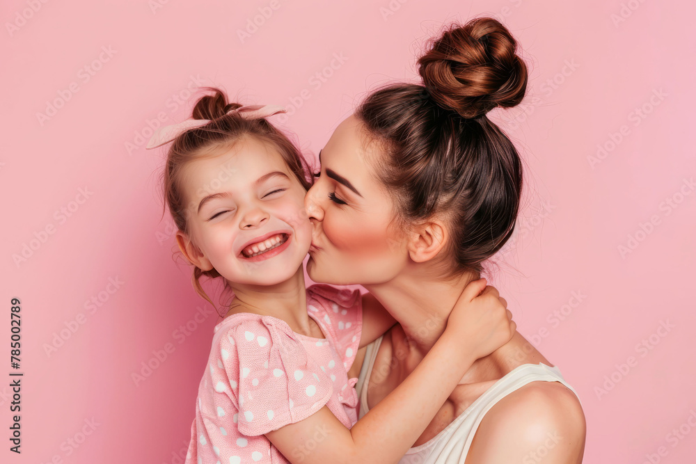 Portrait of a happy mother and little daughter on a pink background. AI generated Portrait of a happy mother and little daughter on a pink background. AI generated