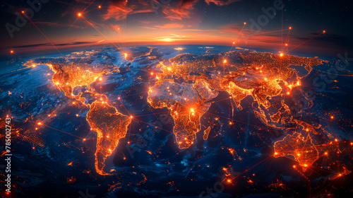 Global Connectivity: Connected World Map with City Lights