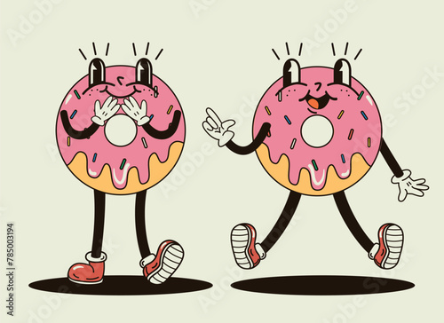Cute and funny sweet donut characters in a groovy style vector illustration