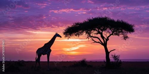 A solitary giraffe eating from an acacia tree, its silhouette a stark contrast against the expansive savanna and the purple and orange sky of dusk.