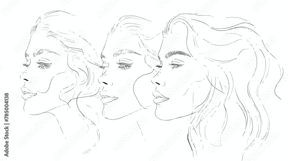 Continuous line drawing of set faces and hairstyle