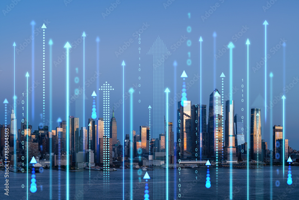 New York cityscape with digital arrows and binary code overlay, representing future technology and business concept. Double exposure