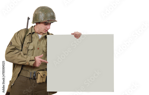 young American soldier shows a sign