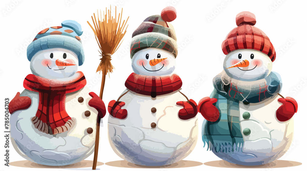 Three snowball snowman. Cute snow man with carrot nose