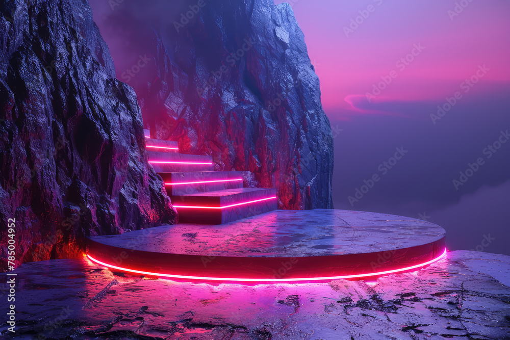 Round stage, in the middle of a cliff with stairs, red neon lights around it, purple foggy sky. Created with Ai - obrazy, fototapety, plakaty 