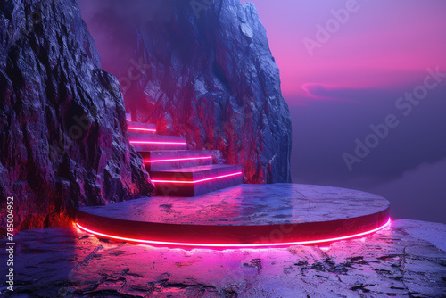 Round stage, in the middle of a cliff with stairs, red neon lights around it, purple foggy sky. Created with Ai