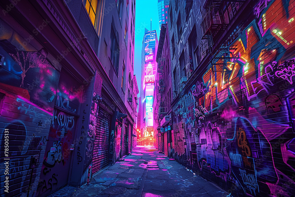 Obraz premium A deserted alleyway in a neon city, the walls adorned with glowing graffiti and neon art installations.32k, full ultra hd, high resolution
