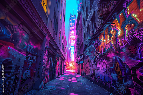 A deserted alleyway in a neon city, the walls adorned with glowing graffiti and neon art installations.32k, full ultra hd, high resolution