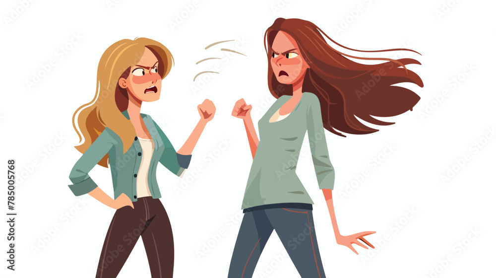 Two arguing women. Angry lady yelling shaking clenched