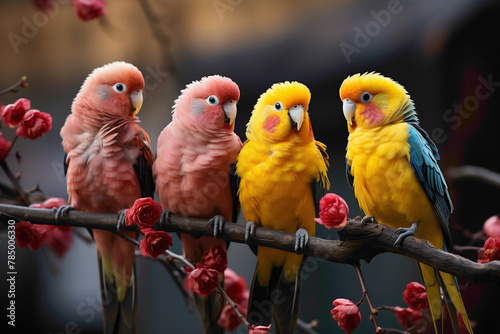 Joyful parakeets perched on branches in a garden, their vibrant colors and lively presence preserved in a realistic HD image. © Shani