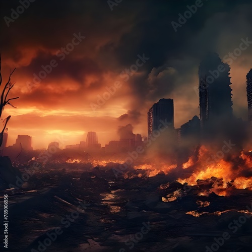 A ruined cityscape by war , smoke fire dead body