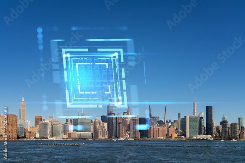 New York City skyline with futuristic holographic overlay. Double exposure. Photo manipulation, cityscape with technology concept