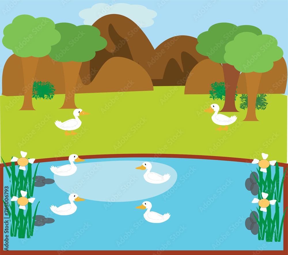 landscape with trees and hills
 Scene of four ducks swimming and living in the pond   illustration vector 

