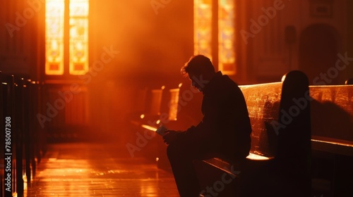 A solitary figure kneeling at the altar, hands folded in prayer over the Bible, seeking guidance and solace in a moment of quiet reflection.