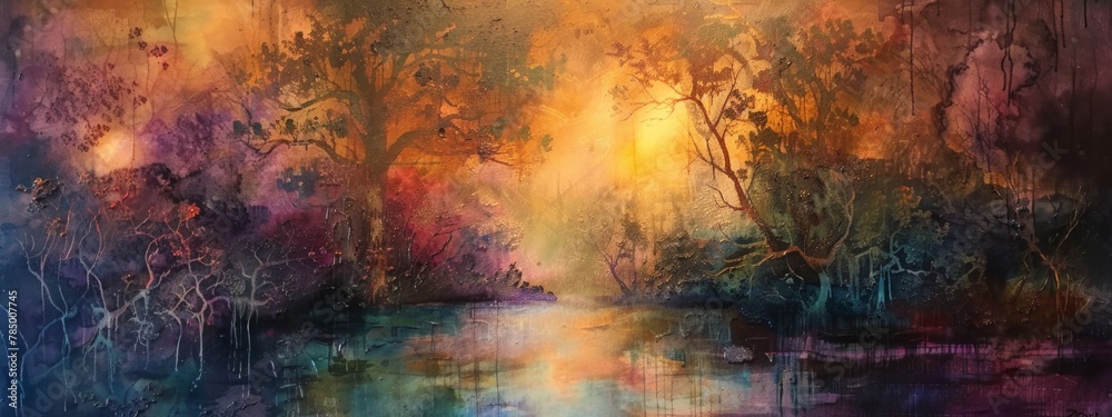 Enchanted Forest Abstract Art with Warm Sunset Glow
