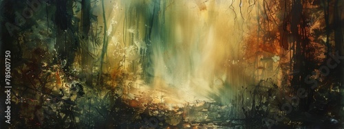 Mystical Forest Scene in Autumn Hues 