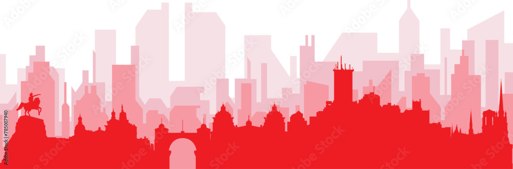 Red panoramic city skyline poster with reddish misty transparent background buildings of CORDOBA, ARGENTINA