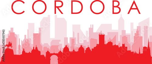 Red panoramic city skyline poster with reddish misty transparent background buildings of CORDOBA, ARGENTINA