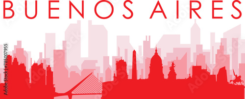 Red panoramic city skyline poster with reddish misty transparent background buildings of BUENOS AIRES, ARGENTINA