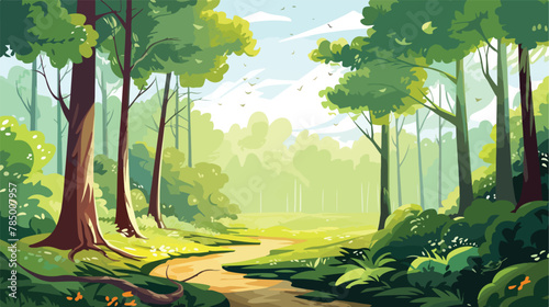 A tranquil forest scene with sunlight filtering 