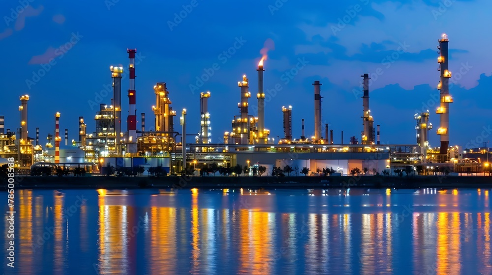 An oil factory at night with the sea. shows various parts of the industrial complex such as tanks, towers, pipes, and buildings. modern technology in the oil and gas industry. 