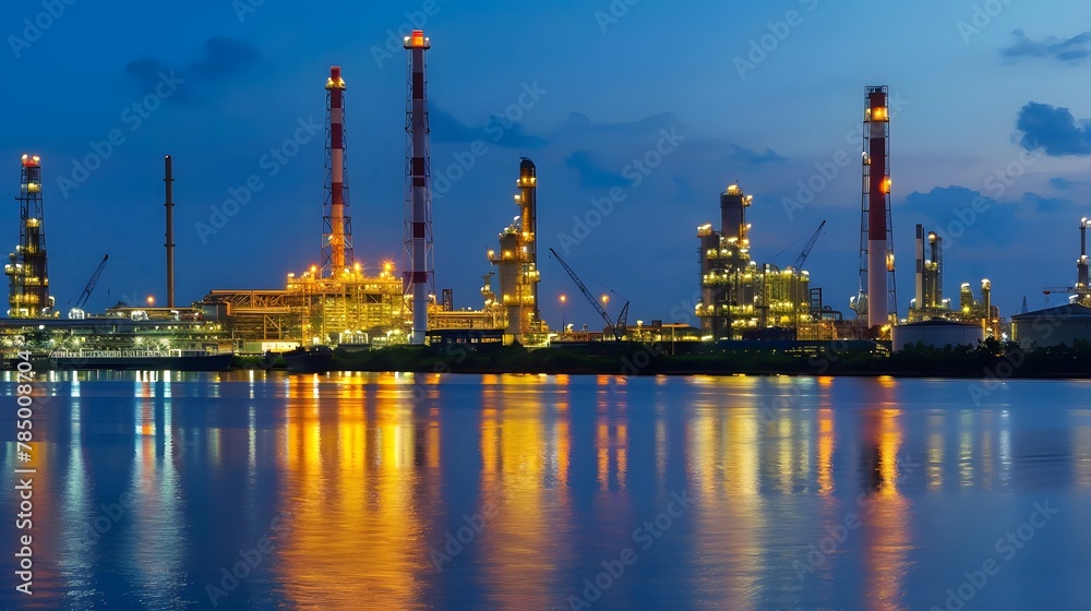 An oil factory at night with the sea. shows various parts of the industrial complex such as tanks, towers, pipes, and buildings. modern technology in the oil and gas industry. 