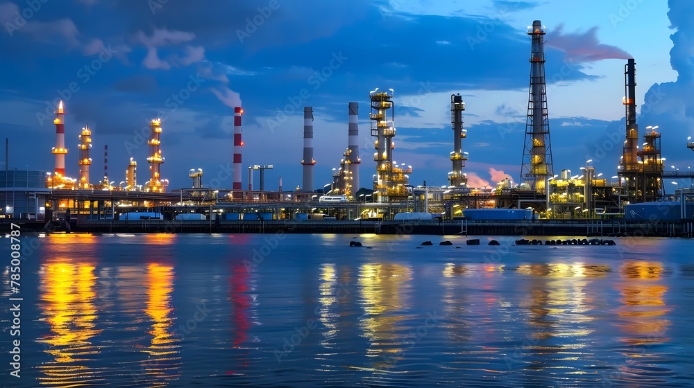 An oil factory at night with the sea. shows various parts of the industrial complex such as tanks, towers, pipes, and buildings. modern technology in the oil and gas industry. 