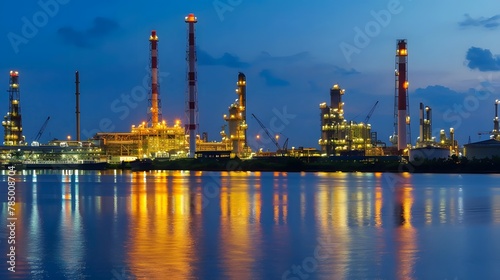 An oil factory at night with the sea. shows various parts of the industrial complex such as tanks, towers, pipes, and buildings. modern technology in the oil and gas industry. 