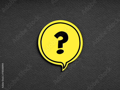 Question mark symbol on yellow speech bubble on black background. Problem, solution, query or brainstorming © Cagkan