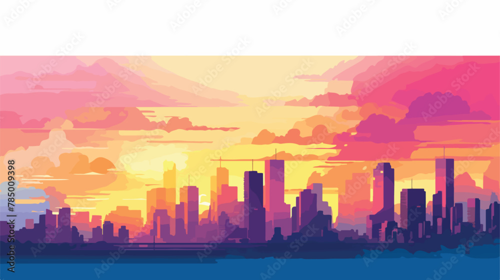 A vibrant sunset over a city skyline with buildings