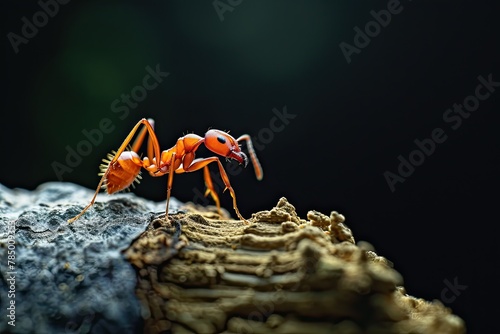 Mystic portrait of Maroon Red Ant on root in studio, The insect's back is visible, full body shot, Close-up View,  photo