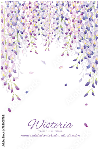 水彩で描いた藤の花と蝶の背景イラスト