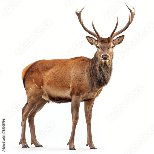 A solitary stag with impressive antlers stands confidently, isolated on a white background, evoking themes of nature and wildlife.