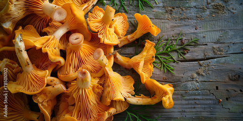 Fresh chanterelle mushrooms displayed on a wooden background.