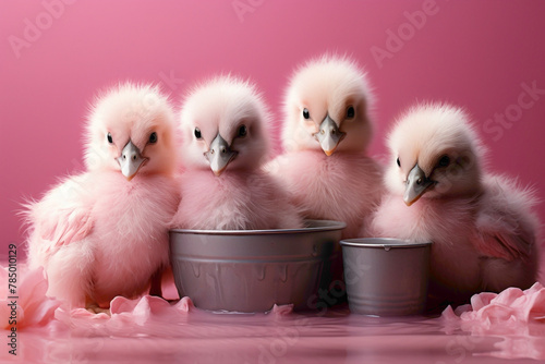 Fuzzy ducklings quenching their thirst with milk, set against a vibrant pink background. © Shani