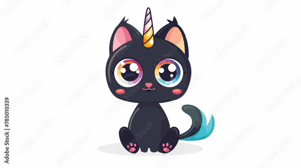 Cute black unicorn cat with big eyes on white background