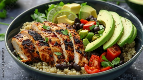 Chicken Quinoa Bowl Top a bowl of cooked quinoa with grilled chicken breast, avocado slices, black beans, and a squeeze of lime juice for a balanced meal thats high in protein and flavor photo