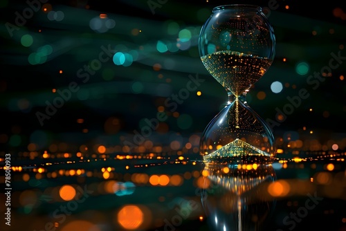 Binary Sands of Time: A Digital Hourglass's Ephemeral Glow. Concept Technology, Time, Digital Art, Hourglass, Ephemeral Glow