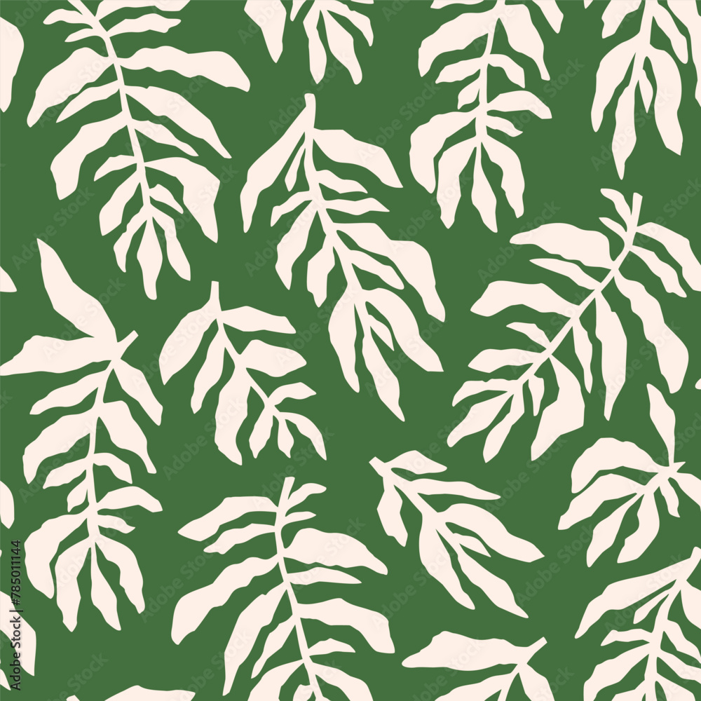 Minimal tropic leaves seamless pattern. Green stylized geometric tropical foliage. Abstract floral repeat background with hand drawn leaves in minimalistic style. Summer vector print, textile design.
