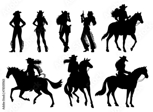Silhouettes of western style cowgirls, set of vector illustrations on white