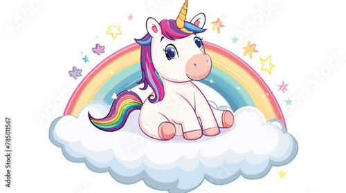 Cute cartoon character unicorn on a rainbow. Vector illustration
