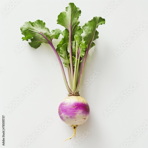 A turnip with vibrant green leaves and purple stripes, isolated on a white backdrop, symbolizing healthy organic produce.